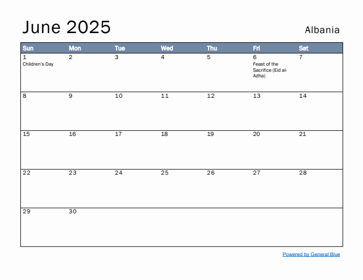 June 2025 Simple Monthly Calendar for Albania