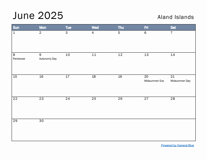 June 2025 Simple Monthly Calendar for Aland Islands