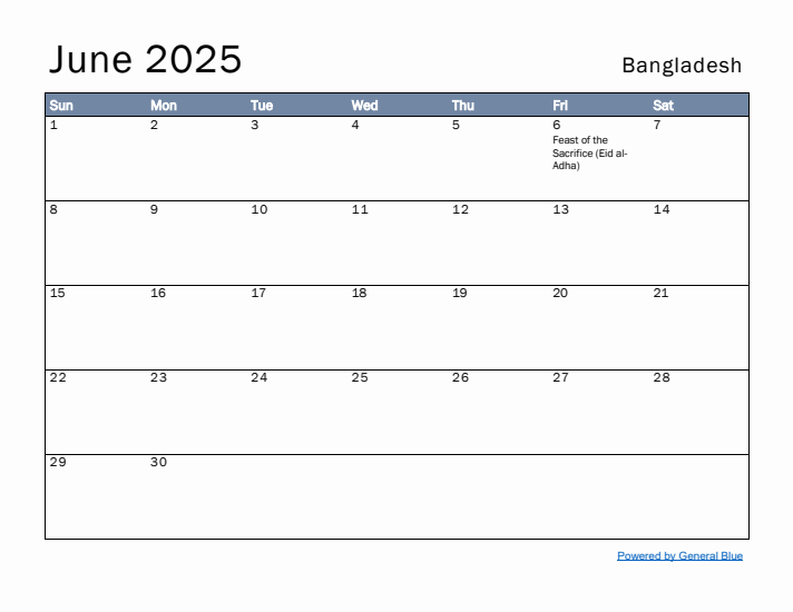 June 2025 Simple Monthly Calendar for Bangladesh