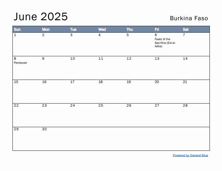 June 2025 Simple Monthly Calendar for Burkina Faso