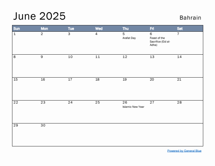 June 2025 Simple Monthly Calendar for Bahrain