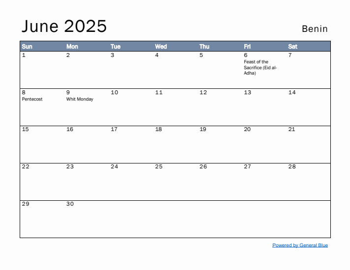 June 2025 Simple Monthly Calendar for Benin