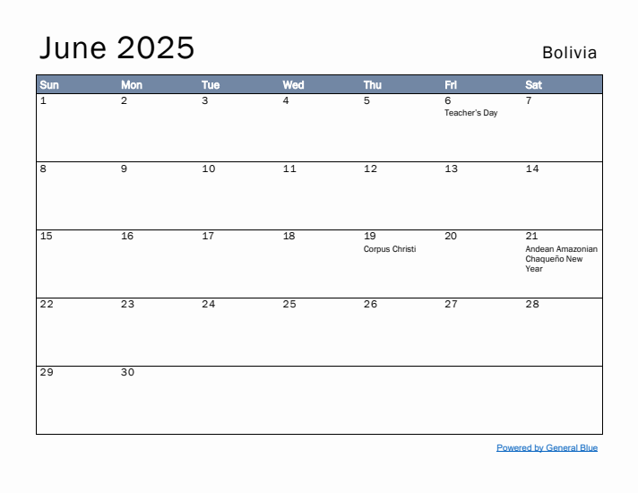 June 2025 Simple Monthly Calendar for Bolivia