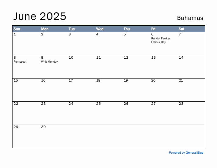 June 2025 Simple Monthly Calendar for Bahamas