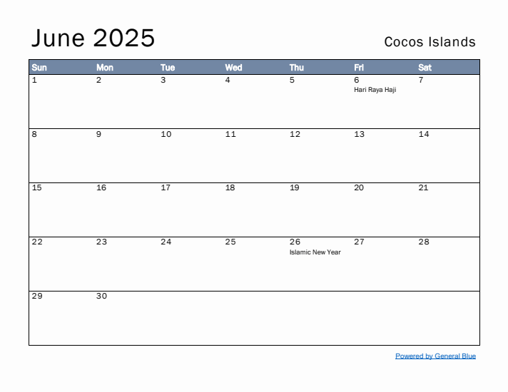 June 2025 Simple Monthly Calendar for Cocos Islands