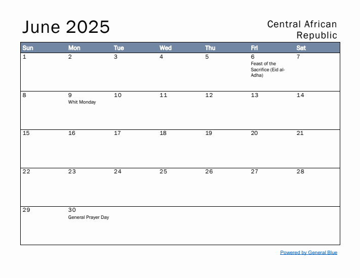 June 2025 Simple Monthly Calendar for Central African Republic