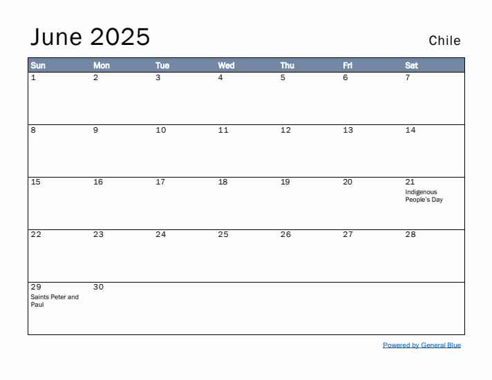 June 2025 Simple Monthly Calendar for Chile