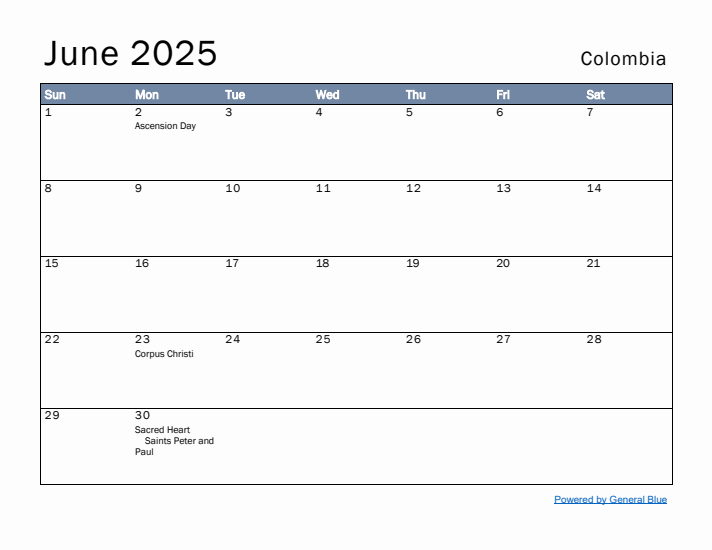 June 2025 Simple Monthly Calendar for Colombia