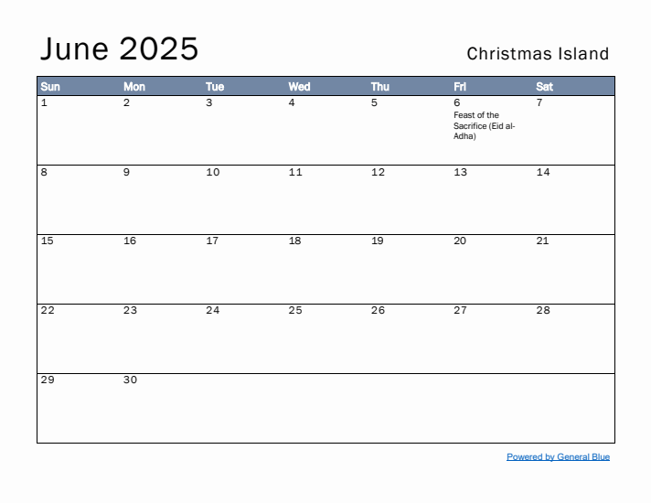 June 2025 Simple Monthly Calendar for Christmas Island