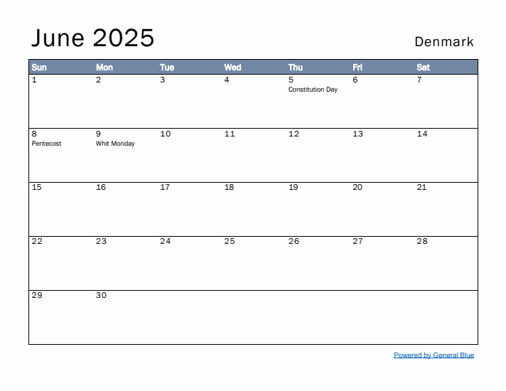 June 2025 Simple Monthly Calendar for Denmark