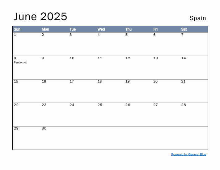 June 2025 Simple Monthly Calendar for Spain