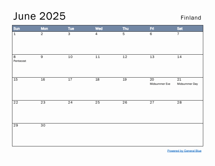 June 2025 Simple Monthly Calendar for Finland