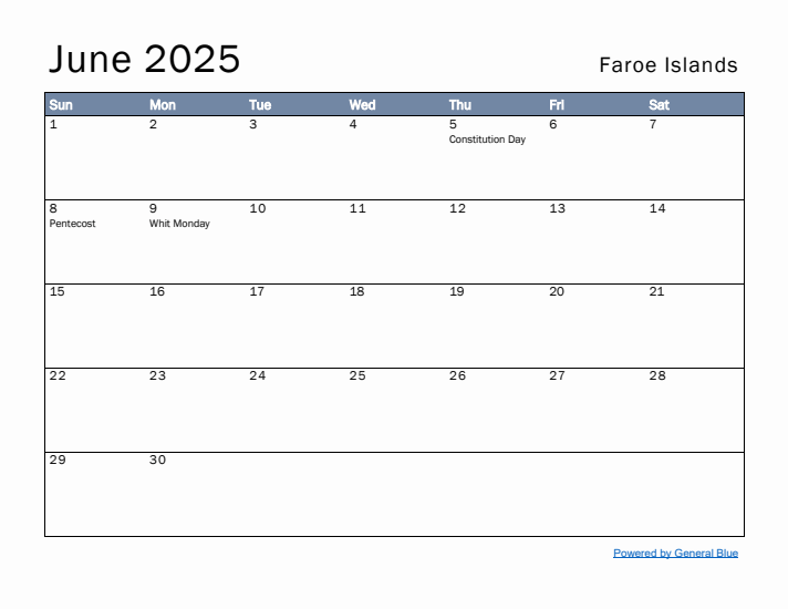 June 2025 Simple Monthly Calendar for Faroe Islands