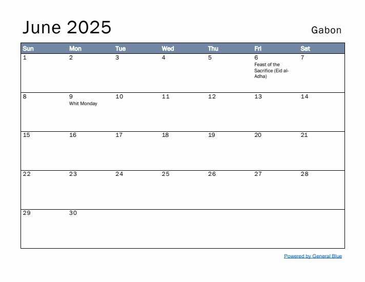 June 2025 Simple Monthly Calendar for Gabon