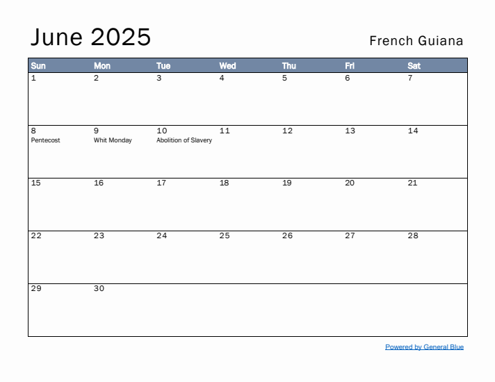 June 2025 Simple Monthly Calendar for French Guiana