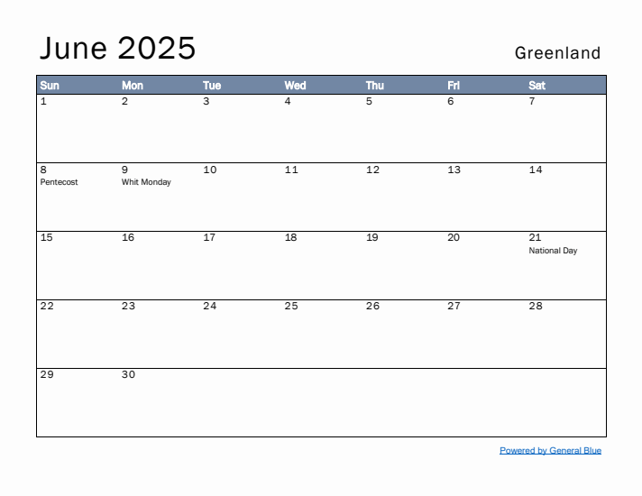 June 2025 Simple Monthly Calendar for Greenland