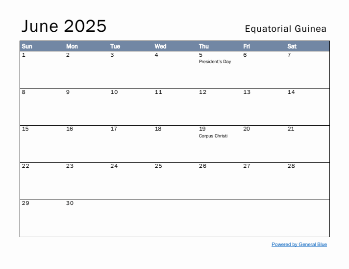 June 2025 Simple Monthly Calendar for Equatorial Guinea