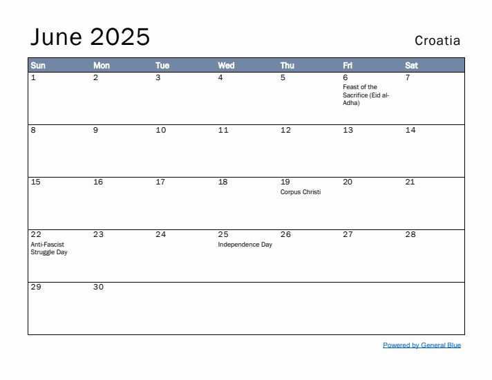 June 2025 Simple Monthly Calendar for Croatia