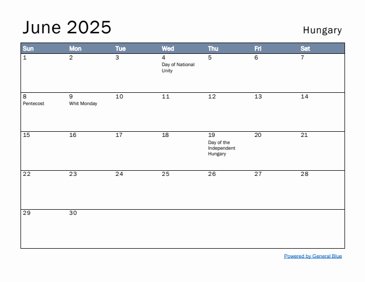 June 2025 Simple Monthly Calendar for Hungary