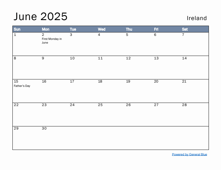 June 2025 Simple Monthly Calendar for Ireland