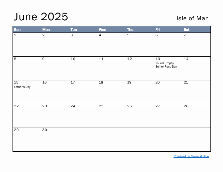 June 2025 Simple Monthly Calendar for Isle of Man