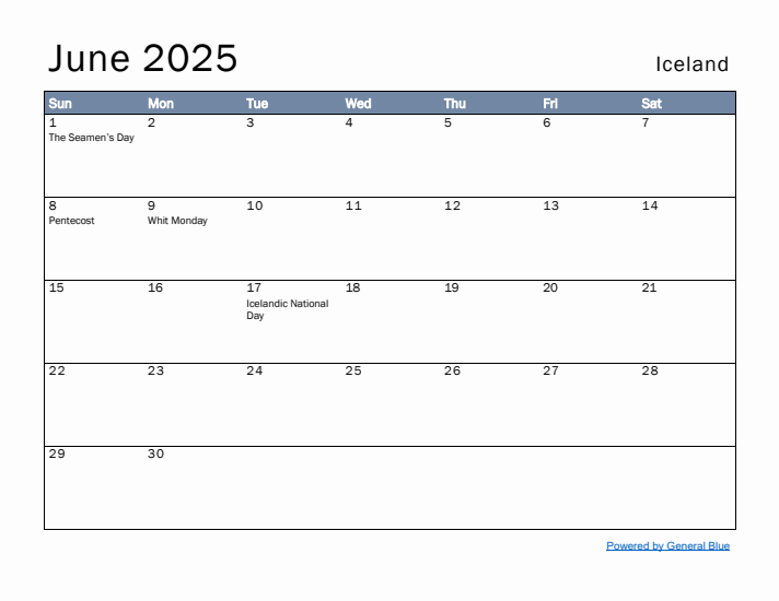 June 2025 Simple Monthly Calendar for Iceland