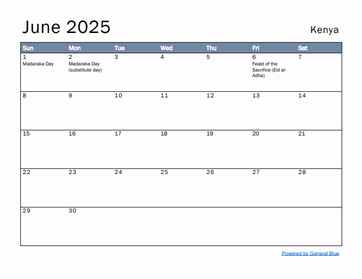 June 2025 Simple Monthly Calendar for Kenya