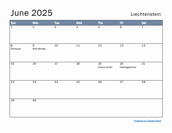 June 2025 Simple Monthly Calendar for Liechtenstein