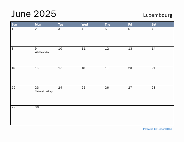 June 2025 Simple Monthly Calendar for Luxembourg