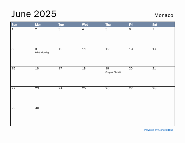 June 2025 Simple Monthly Calendar for Monaco