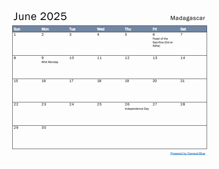 June 2025 Simple Monthly Calendar for Madagascar