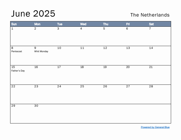 June 2025 Simple Monthly Calendar for The Netherlands