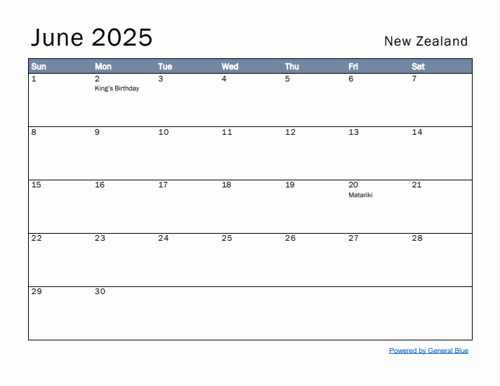 June 2025 Simple Monthly Calendar for New Zealand