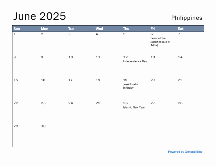 June 2025 Simple Monthly Calendar for Philippines