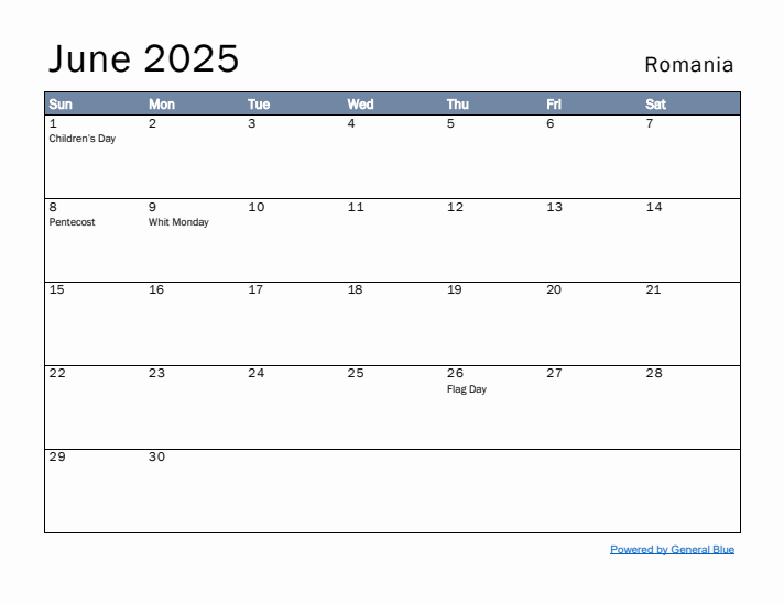 June 2025 Simple Monthly Calendar for Romania