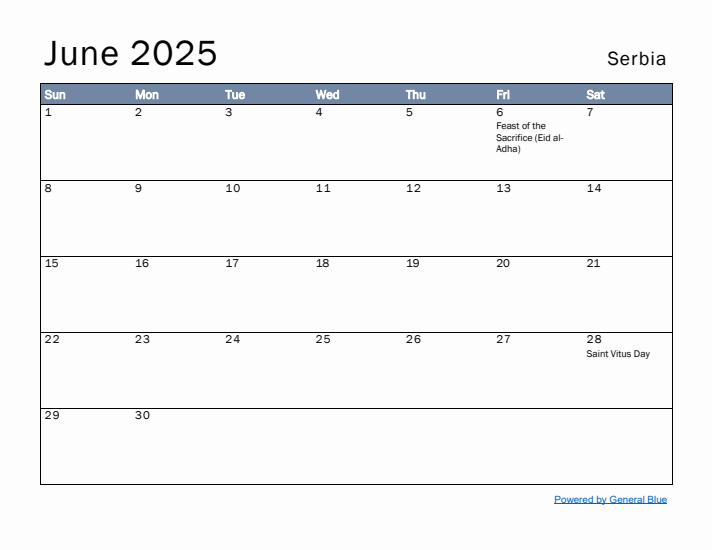 June 2025 Simple Monthly Calendar for Serbia