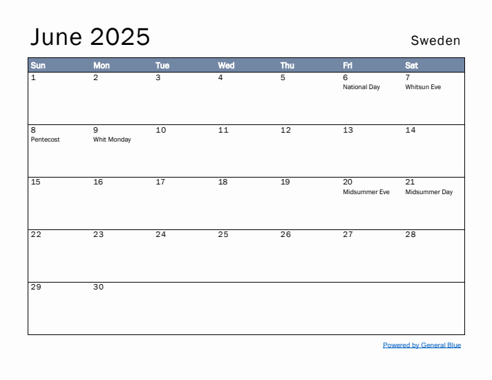 June 2025 Simple Monthly Calendar for Sweden