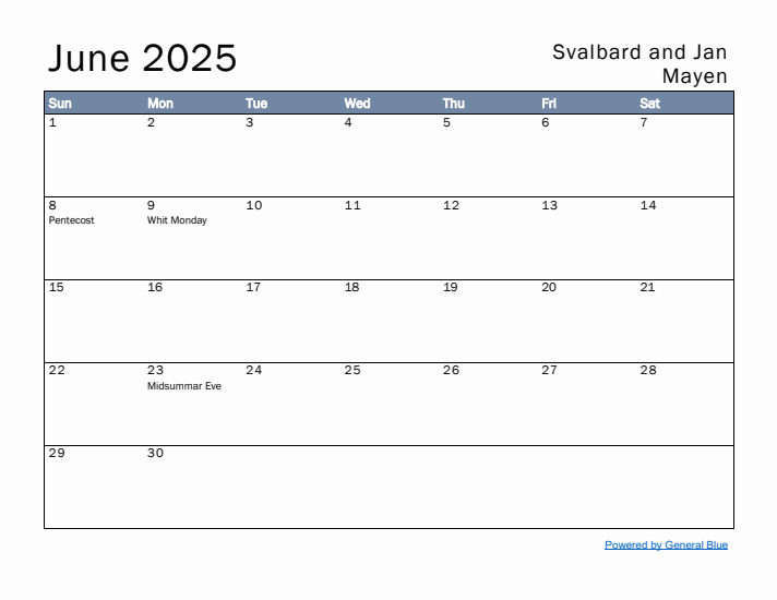 June 2025 Simple Monthly Calendar for Svalbard and Jan Mayen