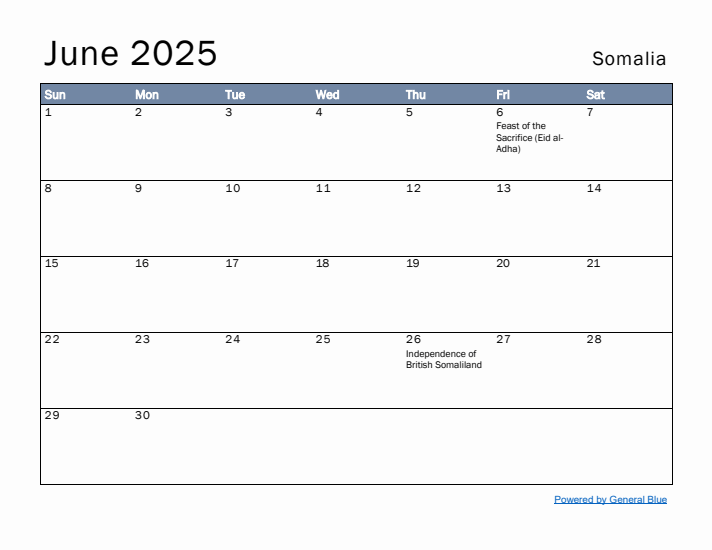 June 2025 Simple Monthly Calendar for Somalia