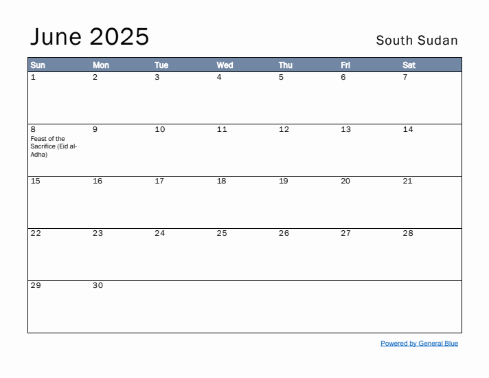 June 2025 Simple Monthly Calendar for South Sudan