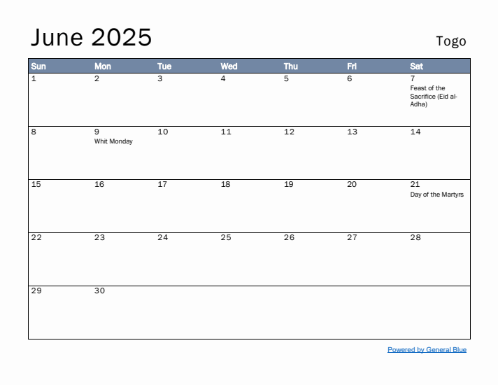 June 2025 Simple Monthly Calendar for Togo