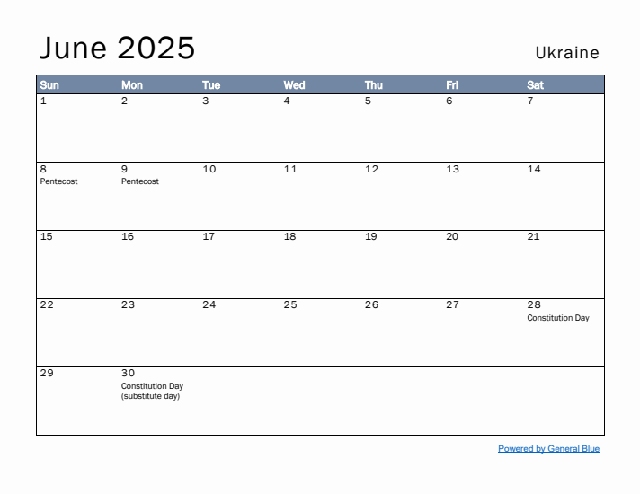 June 2025 Simple Monthly Calendar for Ukraine