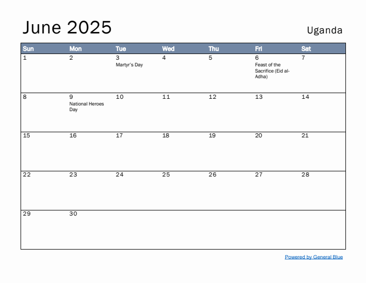 June 2025 Simple Monthly Calendar for Uganda