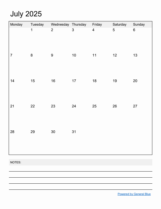 Basic Monthly Calendar Template for July 2025