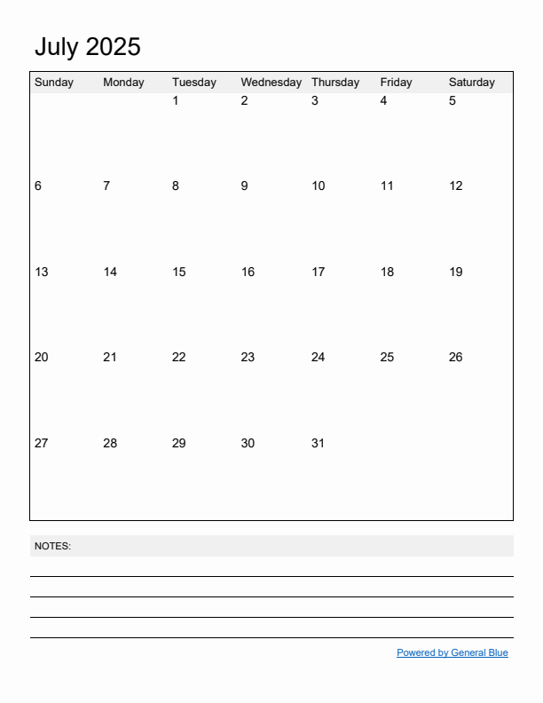 Basic Monthly Calendar Template for July 2025