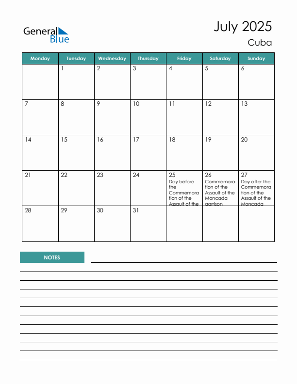 Calendar with Notes Printable - Monday Start