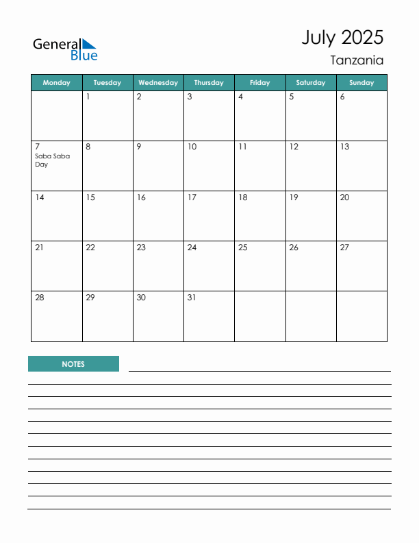 Calendar with Notes Printable - Monday Start