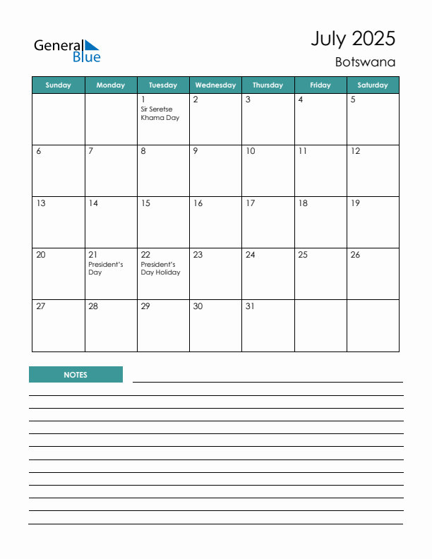 Calendar with Notes Printable - Sunday Start