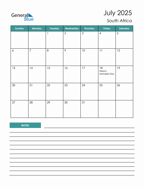 Calendar with Notes Printable - Sunday Start