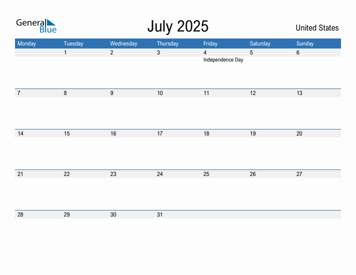 Fillable July 2025 Calendar